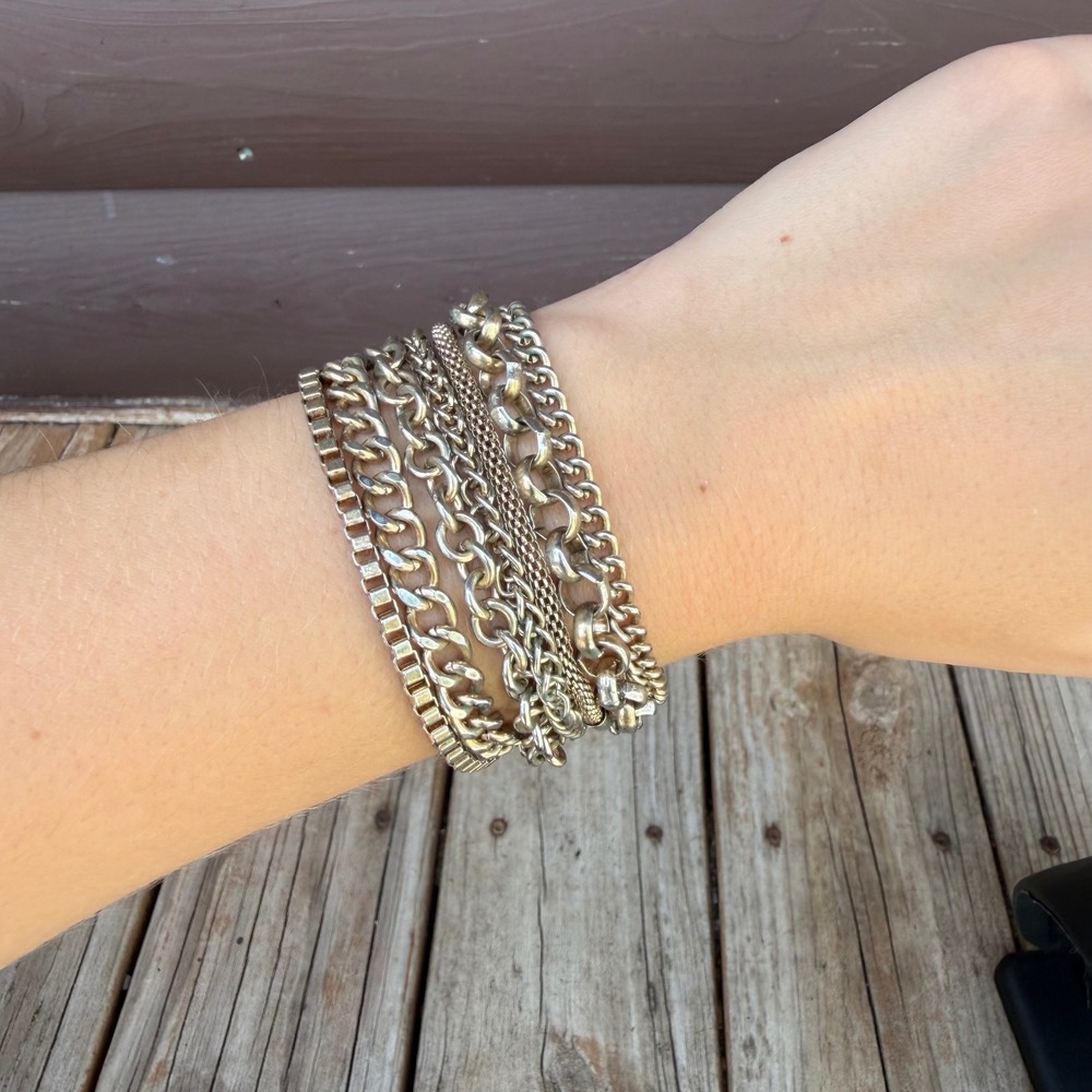Multi Strand Mixed Chain Cuff Bracelet Gold Tone Buckle Hook Closure